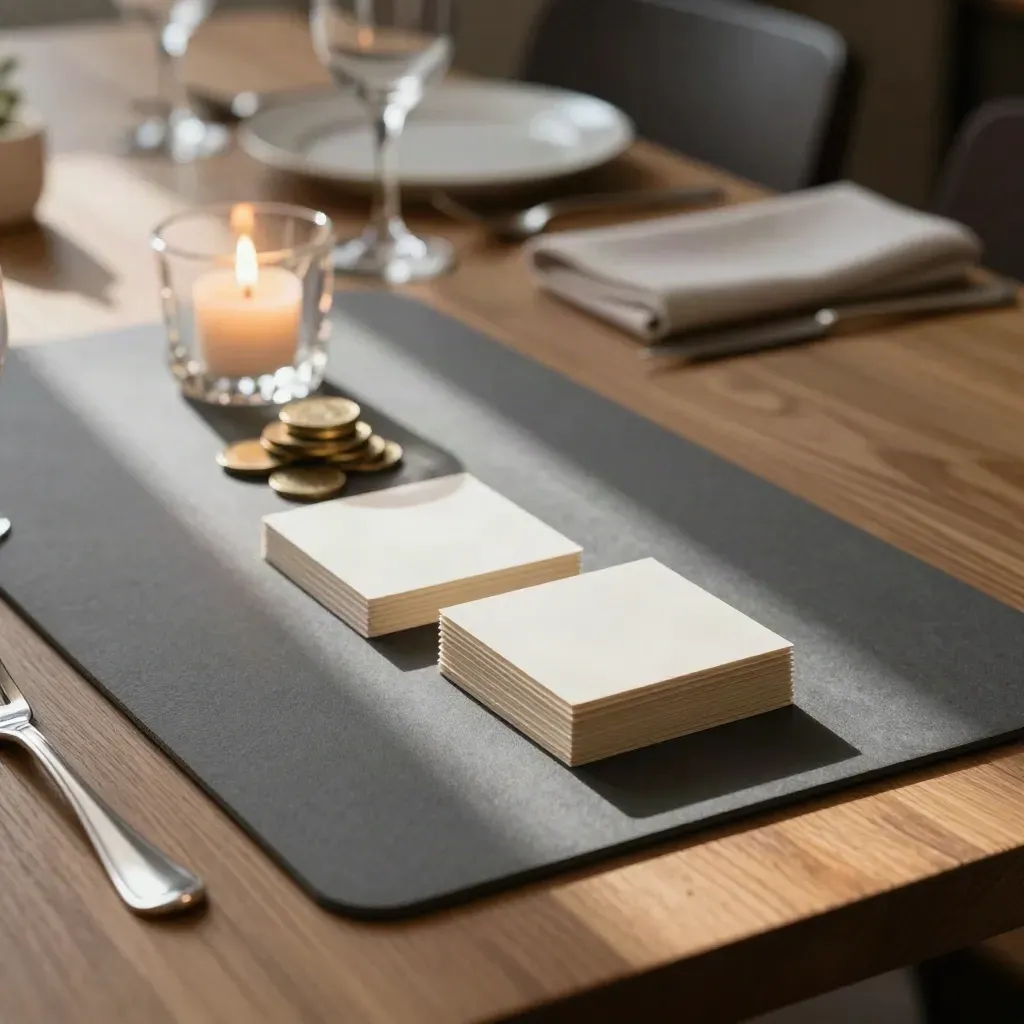 Candlelit banquet table with magic props, cards, coins, and a crystal votive in warm blur.