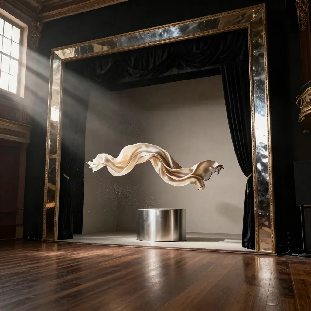 Black stage drape, mirrored wing panels, and a floating pedestal with silk scarves mid-reveal.
