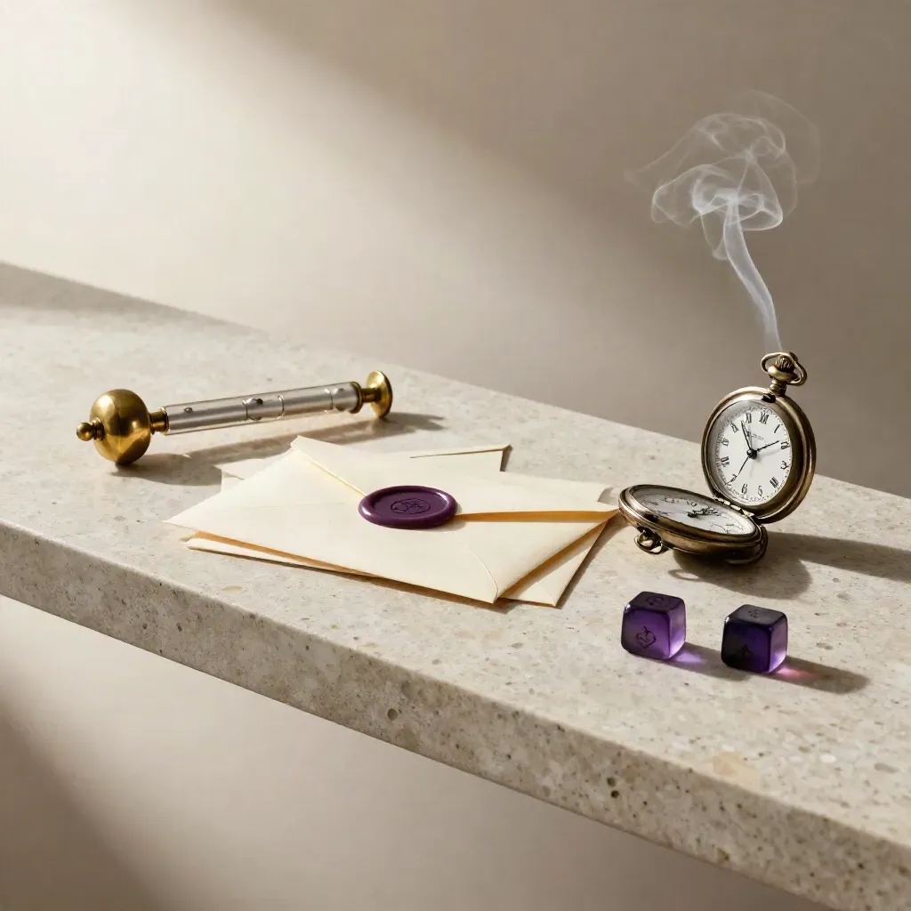 Wax-sealed envelopes, pendulum, pocket watch and decision stones on travertine