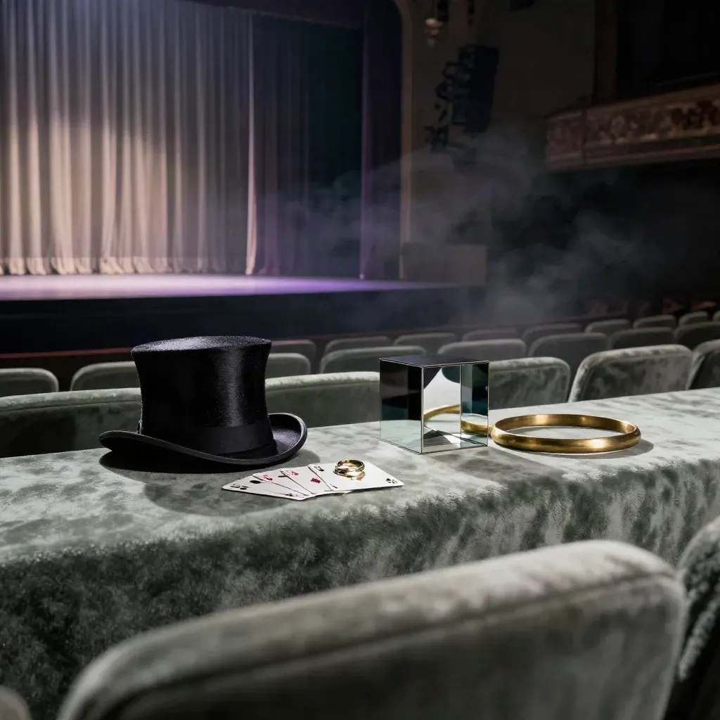 Empty velvet stage with top hat, cards, illusion box and brass hoop in dramatic haze.
