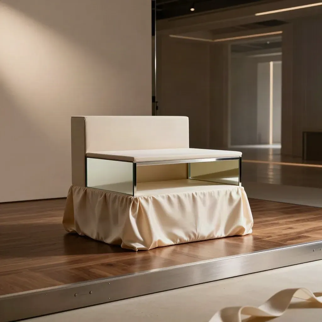 Champagne silk reveal pedestal with mirrored silver sides on a hazy stage floor.
