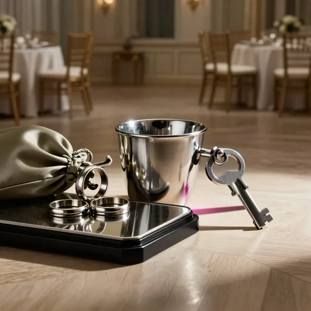 Macro of a velvet-trimmed corporate magic set with linked rings, chop cup, and spotlight haze.