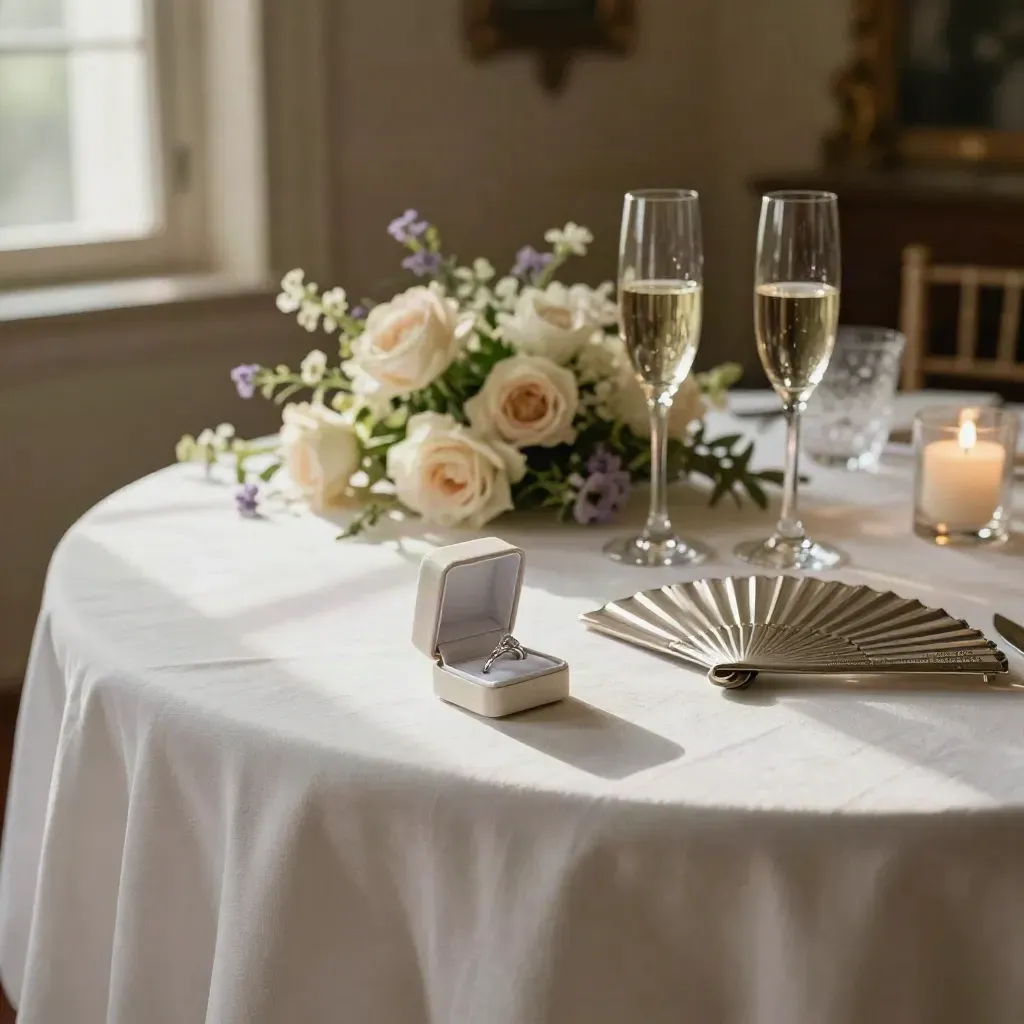 Wedding reception table with rings, champagne coupes, and soft flowers in warm window light