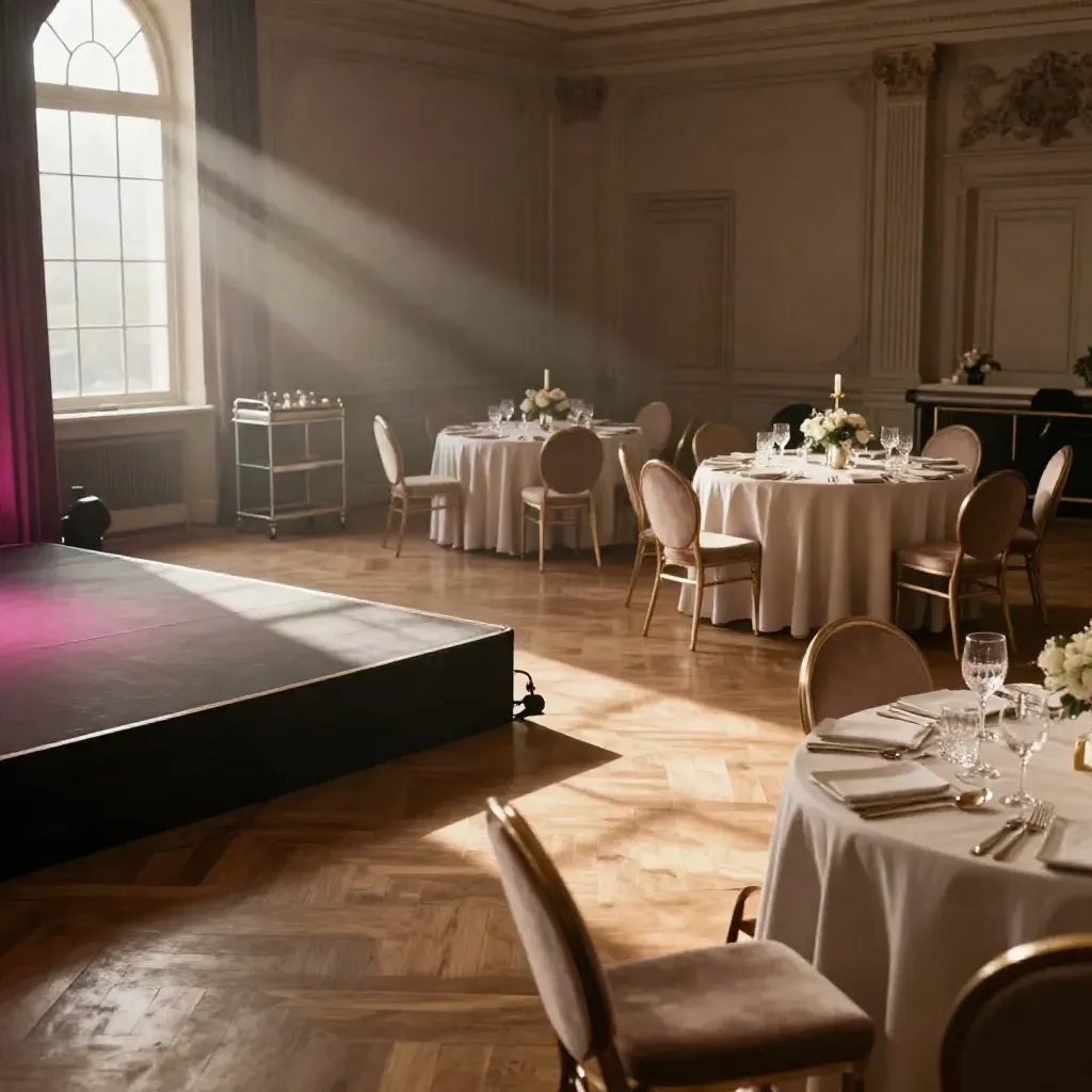 Empty gala ballroom with glowing stage, lit dance floor, and dressed tables in warm haze