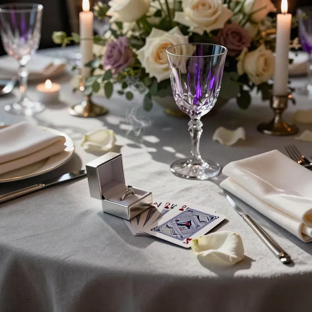 After the reveal: playing cards, ring box and glassware on a wedding table in warm candle haze.