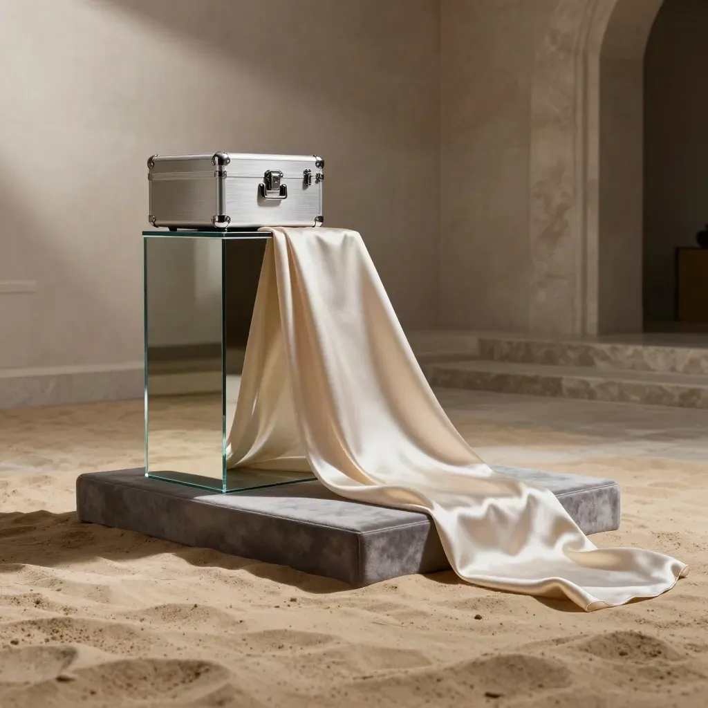 Finished illusion reveal pedestal with product case, mirrored riser, and silk wrap in a hazy event room.