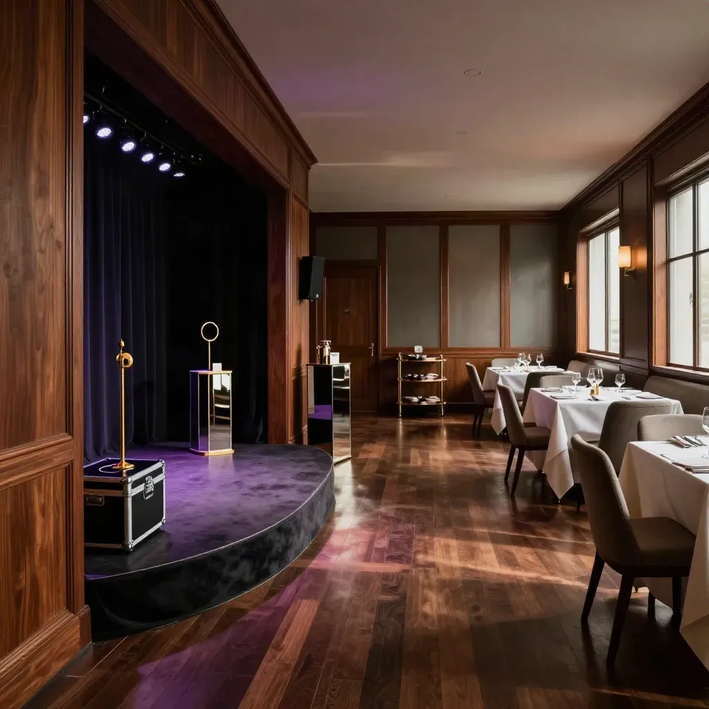 Empty hotel dining room with a glowing hidden stage nook, polished carts, and a mentalism setup.