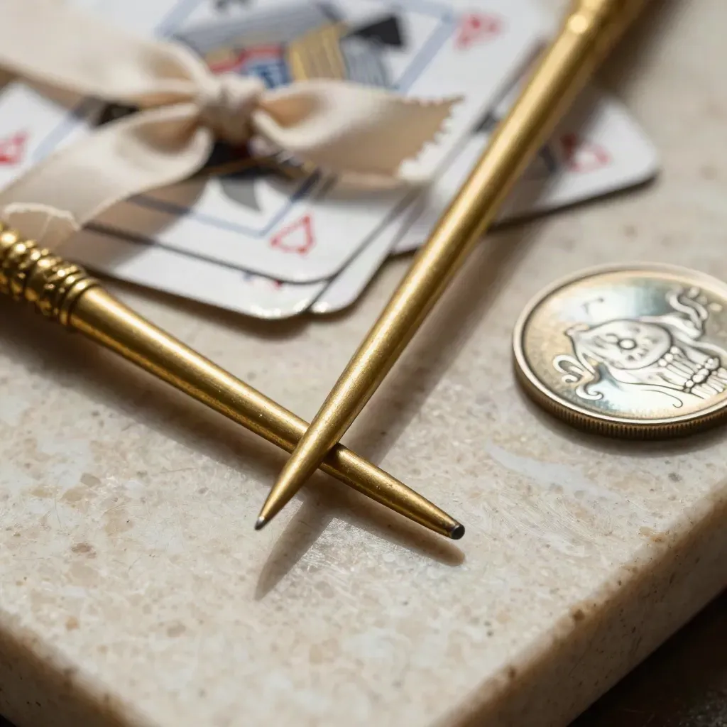 Macro of illusion tools: brass wand tip, ribbon knot, card edges and coin shell on travertine.