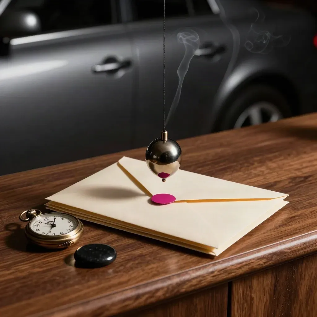 Pendulum bob, sealed envelopes, pocket watch and black token in dramatic smoke-lit still life.