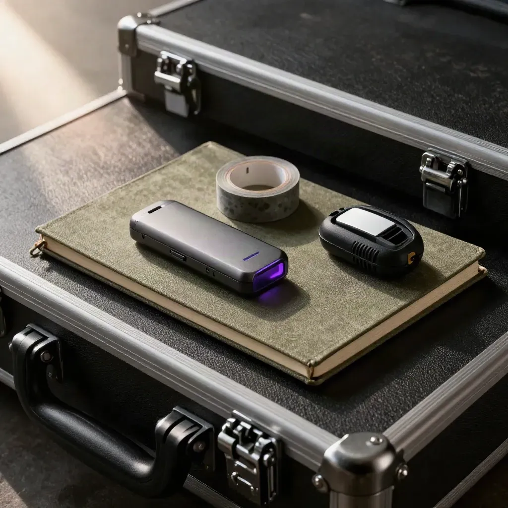 Production notebook, cue pack, gaffer tape ring, and headset cradle on a road case