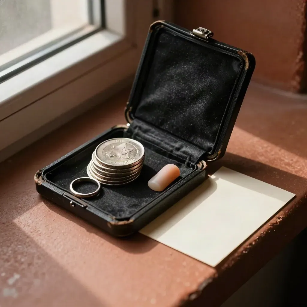 Magician’s reset kit with coins, ring, thumb tip and mat on a rustic backstage surface.