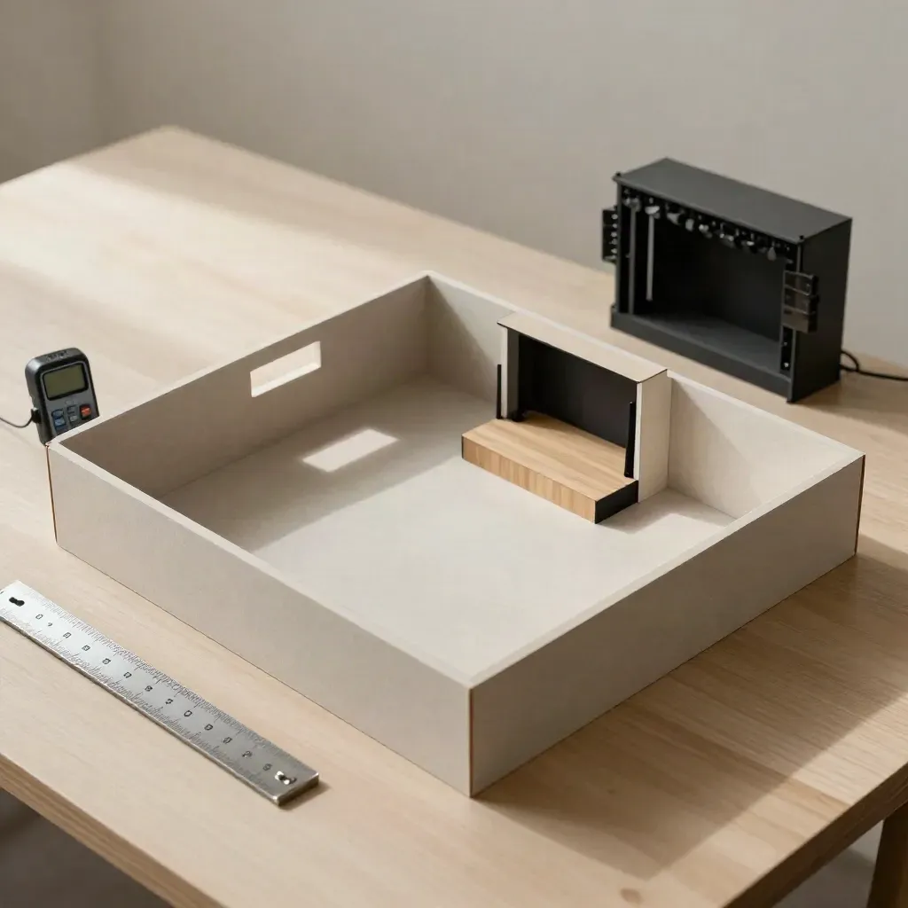Top-down venue planning still life with stage model, light meter and scale model on pale wood