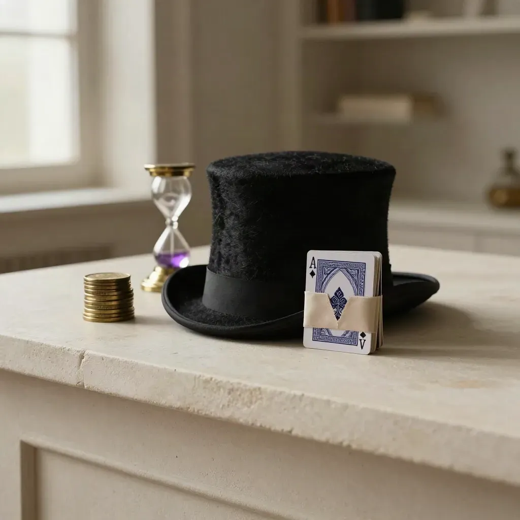 Mini top hat, card deck, coin stack and crystal pendulum on a pale plaster shelf