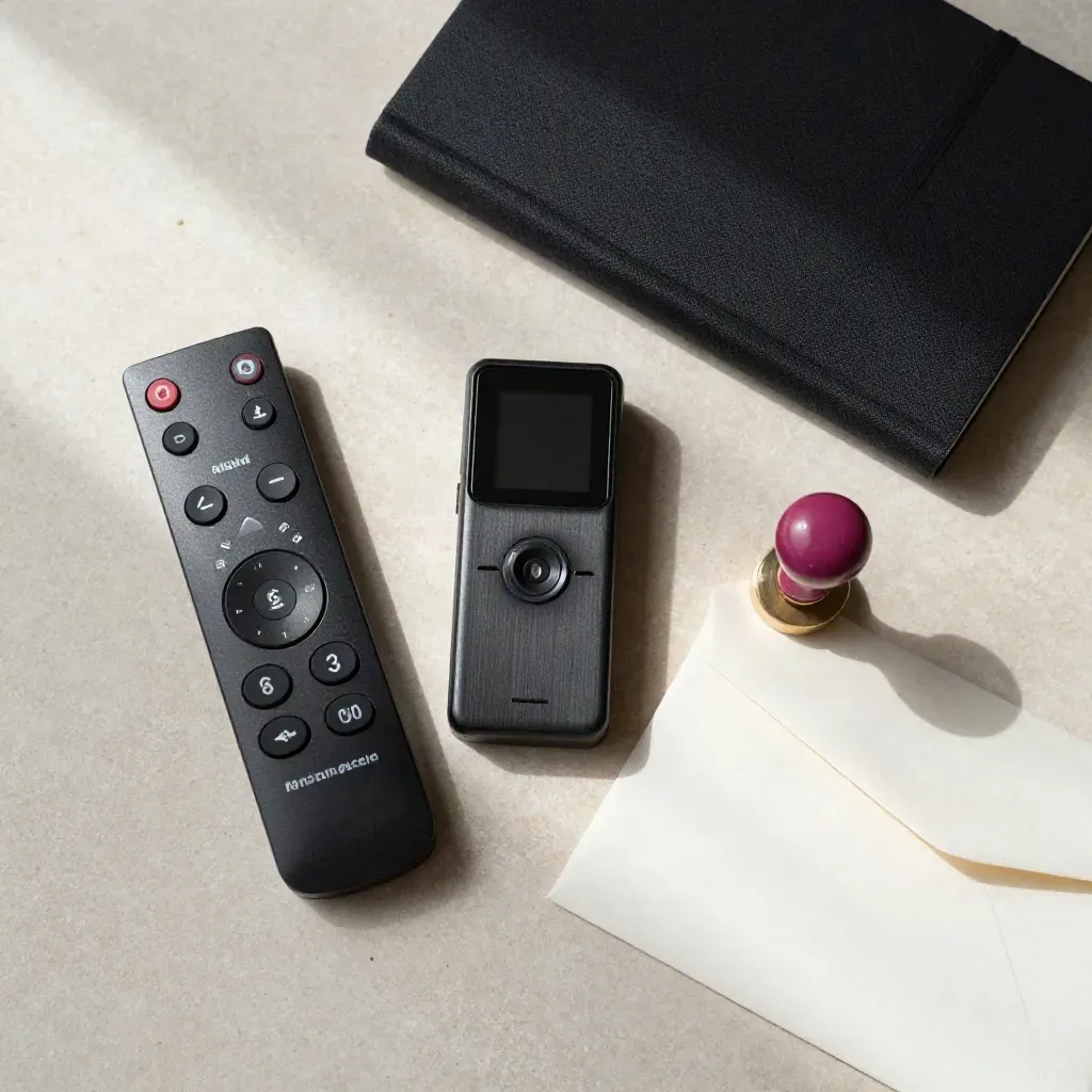 Overhead flatlay of a cue remote, timer, notebook and wax-sealed envelope on pale stone