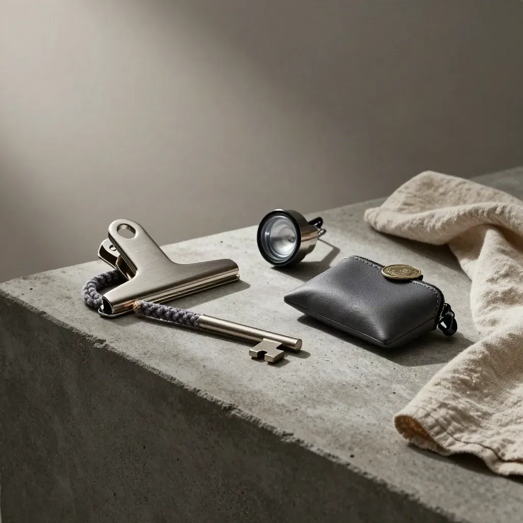 Backstage magic kit on a stone tray with rope, clip, purse, gel, and linen.