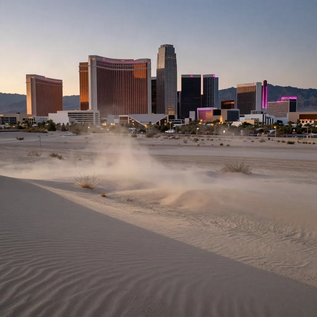 Elevated dusk view of the Las Vegas Strip above a calm desert foreground