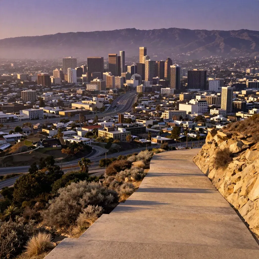 Golden-hour Los Angeles basin from a hillside overlook with mountains in haze.