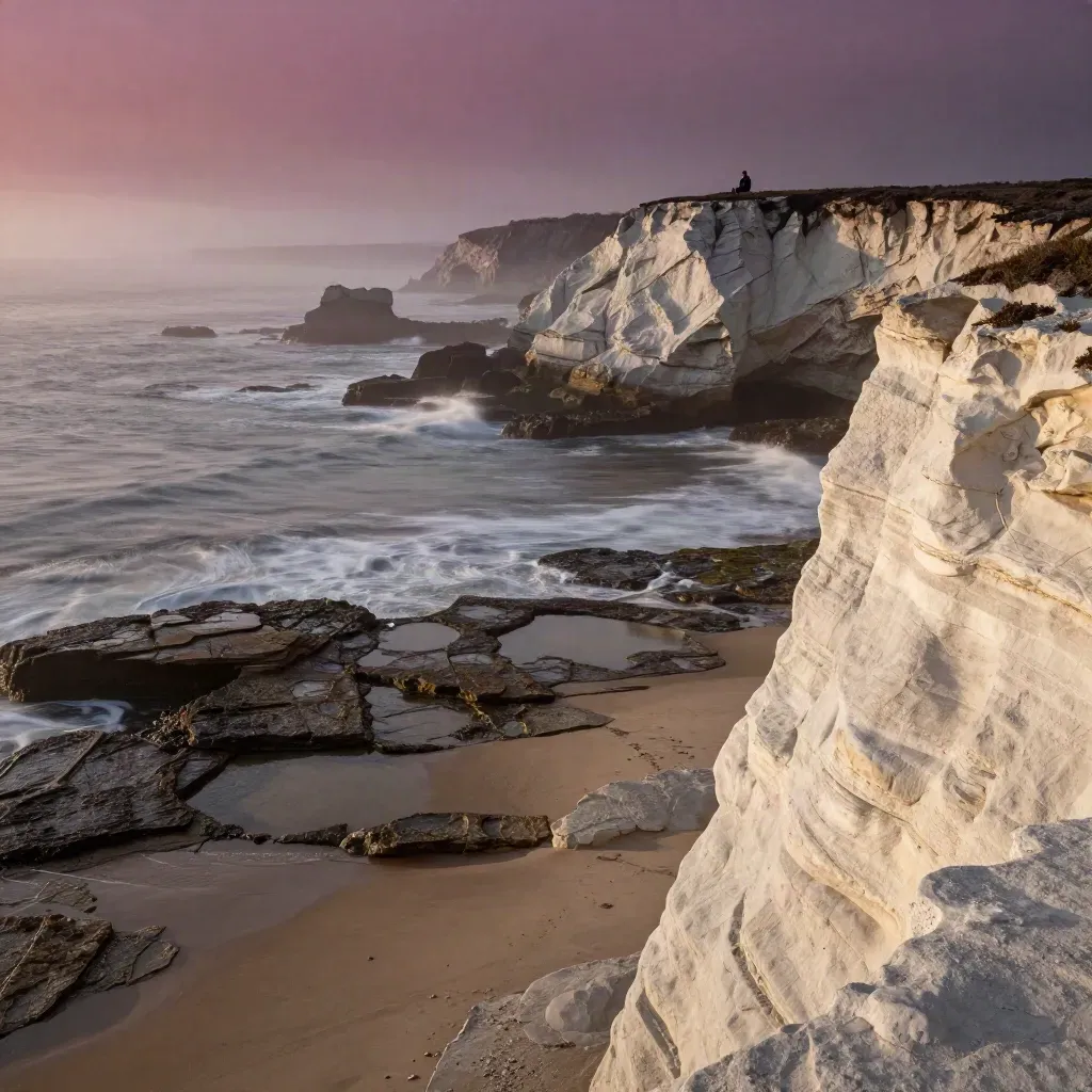 Pale Pacific cliffs and surf above a calm coastal bluff in late-afternoon haze.