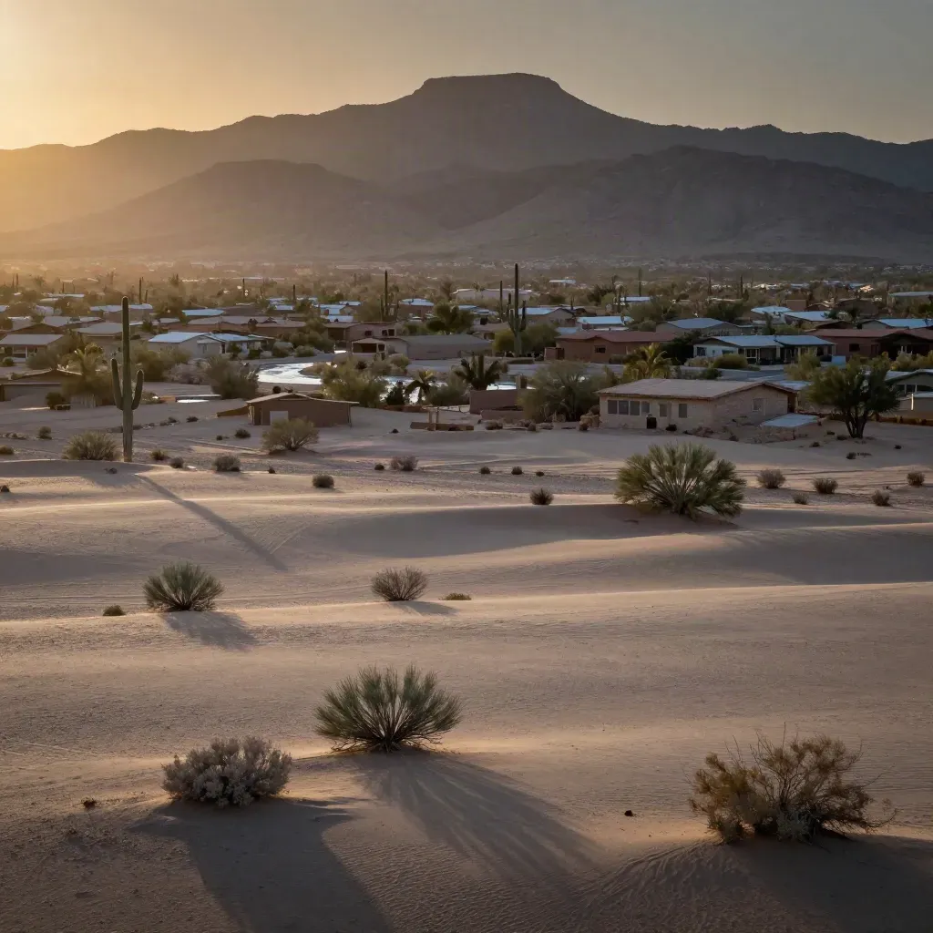 Desert vista with saguaros, distant homes, and mountain ring in warm haze at sunset.